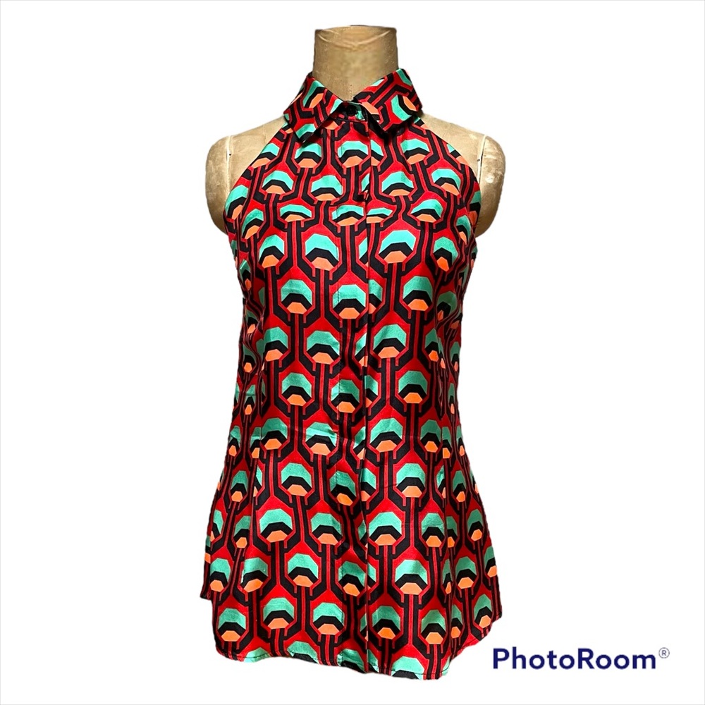 Geometric Honeycomb Shape Print Button Front Halt… - image 1